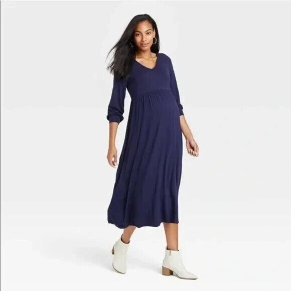 The Nines by Hatch Dress M Navy Blue Long Sleeve Stretchy Jersey Knit Maternity - Picture 1 of 9